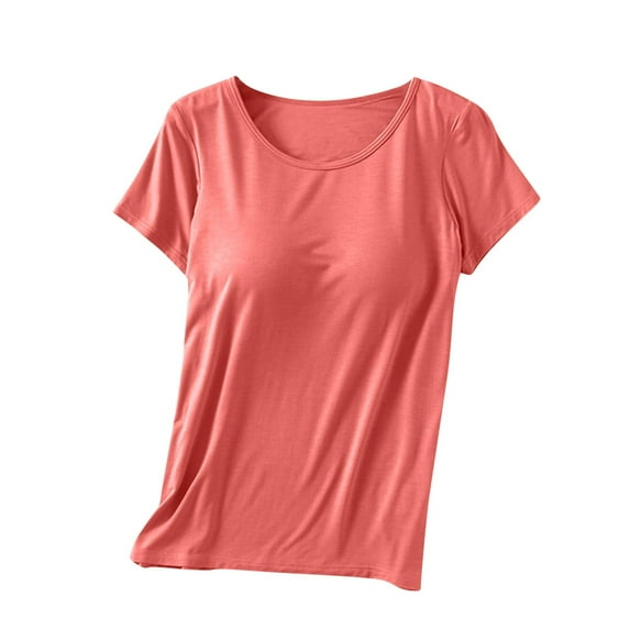 Summer Savings Clearance! Ecqkame Summer Tops for Women 2024 Solid Color Short Sleeve Round Neck Padded Lightweight Breathable Tops Workout Tops for Women Watermelon Red M