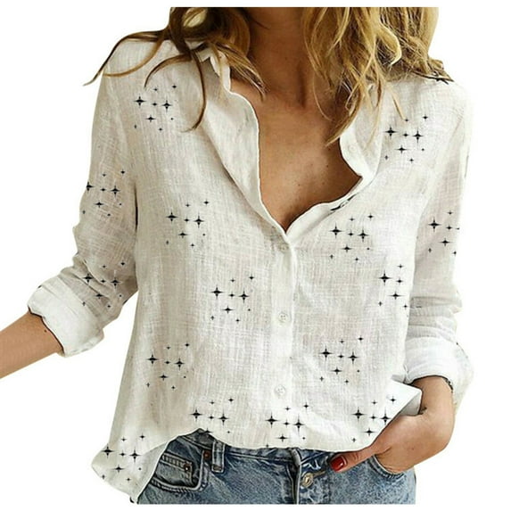 Ecqkame Summer Tops for Women Vintage Casual Printing Turndown Collar Long Sleeve Breathable Comfy Tops Women Tops White XXXL