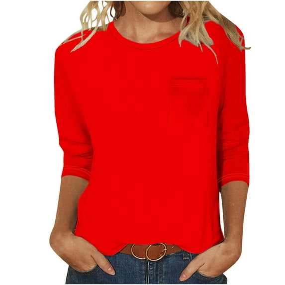 Ecqkame Summer Tops for Women 2024 Casual Solid Color Round Neck 3/4 Sleeve Tops Womens Tops with Pocket Red XL