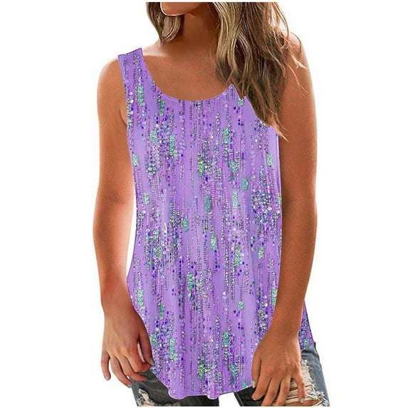 Summer Savings Clearance! Ecqkame Tank Tops for Women 2024 Fashion Solid Color Round-Neck Loose Casual Sleeveless Pullover Tops for Women Purple L