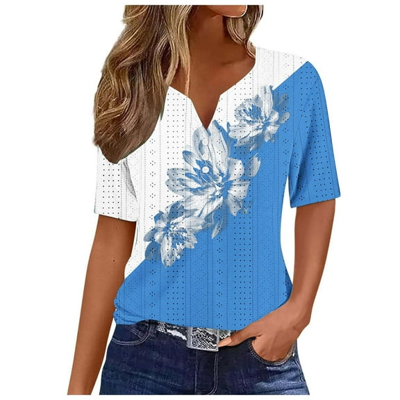 Ecqkame Tops for Women Short Sleeve Pleated Button Loose Casual Breathable Pullover Tops Womens Summer Tops Blue S