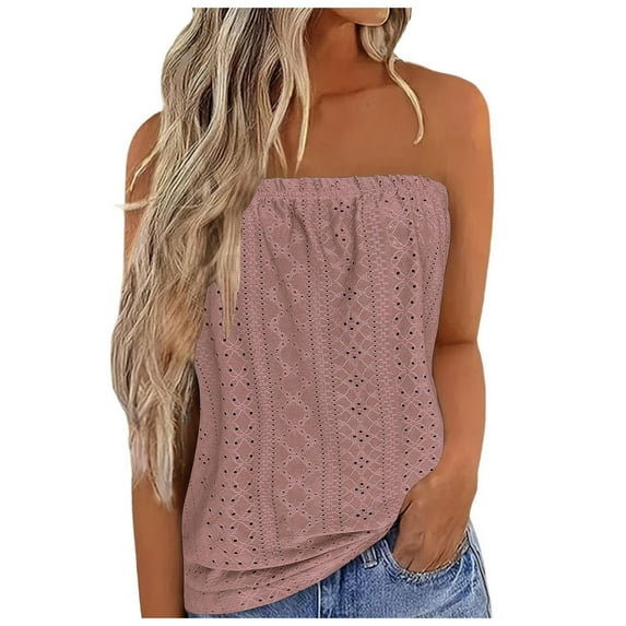 Ecqkame Tube Tops for Women off-The-Shoulder Loose Casual Sleeveless Breathable Summer Tops for Women 2024 Pink L