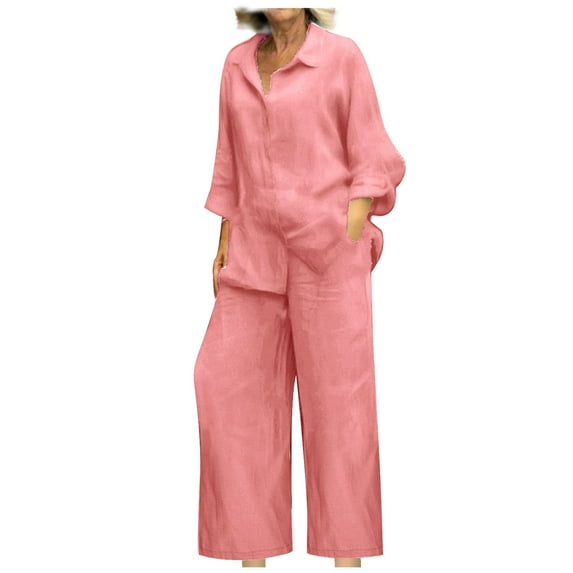 Ecqkame Two Piece Outfits for Women Cotton Linen Long Sleeve Loose Turndown Collar Top with Wide Long Pants Casual Sets Pink B XL