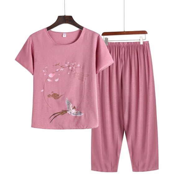Ecqkame Two Piece Sets for Women Short Sleeve Printed Pjs Sets Casual Round-Neck Soft Short Sleeve Top with Pants Pink C XXL