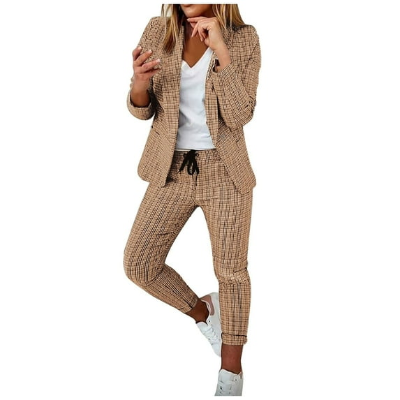 Summer Savings Clearance! Ecqkame Two Piece Sets for Women Solid Long Sleeve Turndown Collar Blazer and Pants Business office Suit Sets Khaki B S