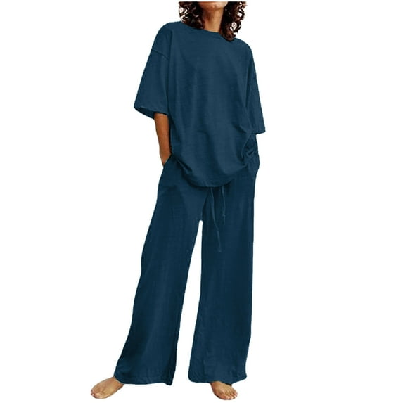 Ecqkame Two Piece Sets for Women Summer Linen Loungewear Sets Short Sleeve Tops with Drawstring Wide Long Pants Dark Blue L