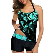Summer Savings Clearance Ecqkame Two Piece Tankini Bathing Suits for Women Halter Swim Top with Shorts Swimsuits Tummy Control Swimwear Beachwear