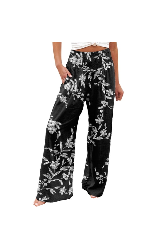 Wide Leg Pants Woman Yoga Printed Pants Stretch Summer Casual Loose Trousers palazzo pants Black M