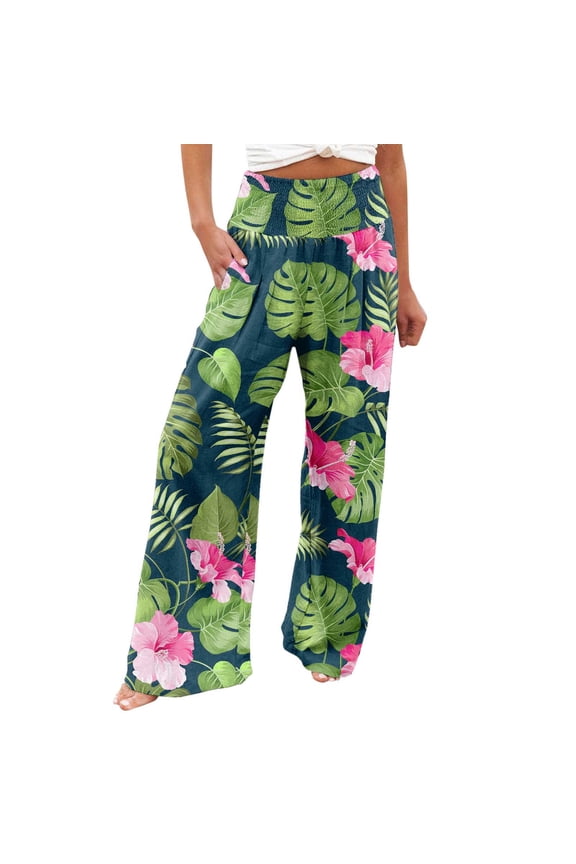Wide Leg Pants Woman Yoga Printed Pants Stretch Summer Casual Loose Trousers palazzo pants Green L