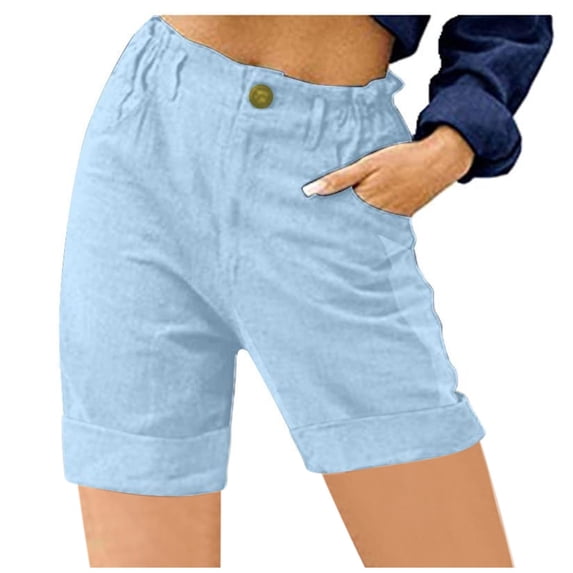 Ecqkame Women Shorts Casual High Waist Loose Pocket Straight Buttons Shorts Athletic Gym Workout Shorts for Women Light Blue S