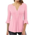thumbnail image 1 of Ecqkame Women Tops Fashion Ruffled Printed T-Shirt 3/4 Sleeve Button Blouse V-Neck Casual Tops for Women Pink M, 1 of 1