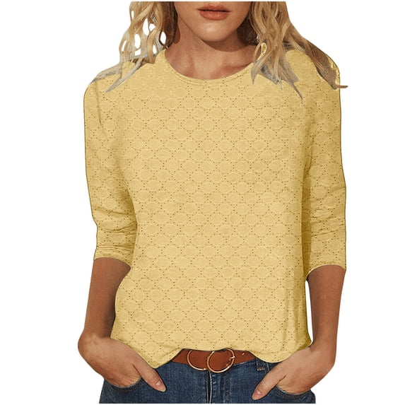 Ecqkame Women Tops Fashion Solid Color Loose Casual 3/4 Sleeve Round Neck Breathable Blouse Summer Tops for Women Yellow XXL