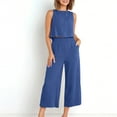thumbnail image 1 of Ecqkame Women's 2 Piece Cotton Linen Outfit Sleeveless Solid Tank Crop Top Wide Leg Pants Set with Pockets Blue C XXL, 1 of 8