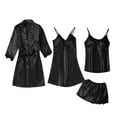 thumbnail image 1 of Ecqkame Women's 4 Pieces Silk Satin Pajamas Sleepwear Sets Long Sleeve Pajama Set Solid Nightwear Black XXL, 1 of 1