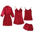 thumbnail image 1 of Ecqkame Women's 4 Pieces Silk Satin Pajamas Sleepwear Sets Long Sleeve Pajama Set Solid Nightwear Red M, 1 of 2