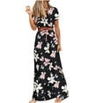 thumbnail image 1 of Ecqkame Women's Summer Casual Short Sleeve Boho Printed Summer V-Neck With Belt Dresses Black XL, 1 of 7
