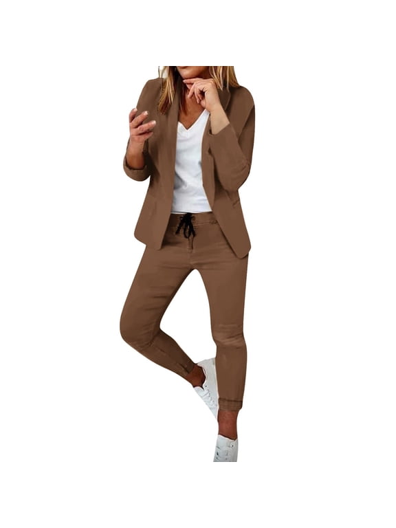 Women's Two Piece Blazer Suits Sets Long Sleeve Turndown Collar Slim Business Suit Summer Casual Outfits Coffee M