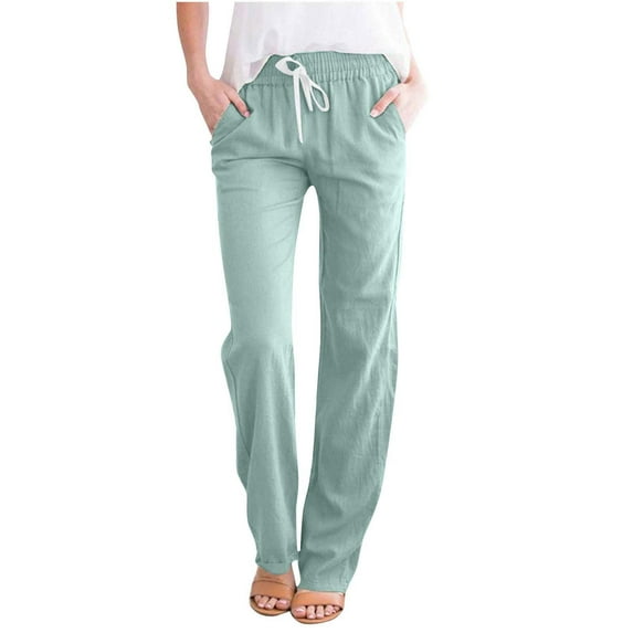 Summer Savings Clearance! Ecqkame Women's Wide Leg Pants Cotton Linen Lightweight High Waisted Drawstring Solid Loose Trousers Mint Green XXXL