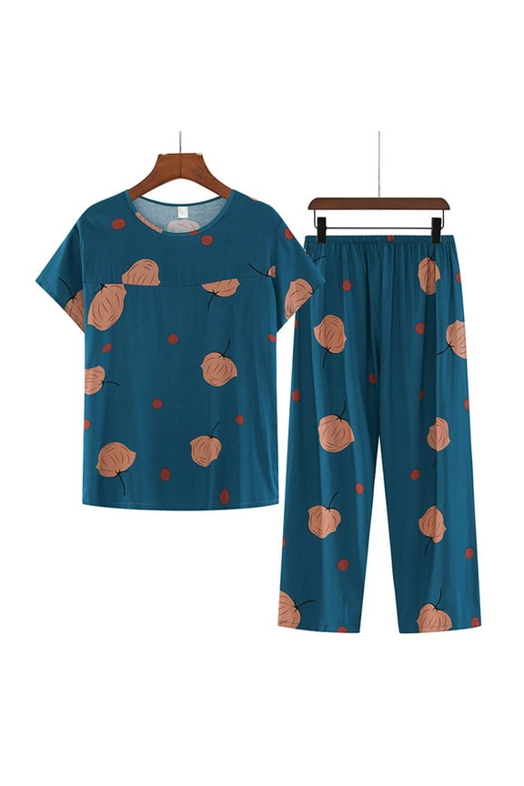 Womens Pajama Sets Cotton Pj Set Short Sleeve Top with Printed Pants Sleepwear 2 Piece Casual Set Navy XL