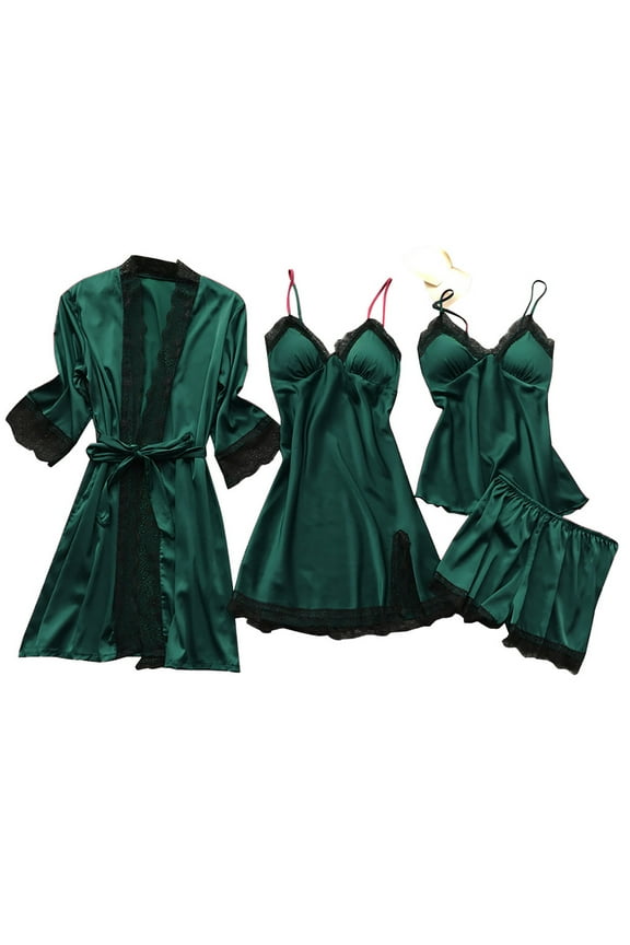 Womens Pajamas Set Soft 4Pcs Cami Padded Top Shorts Nightgown Sleepwear Robe Sets Cute Pjs for Women Army Green S