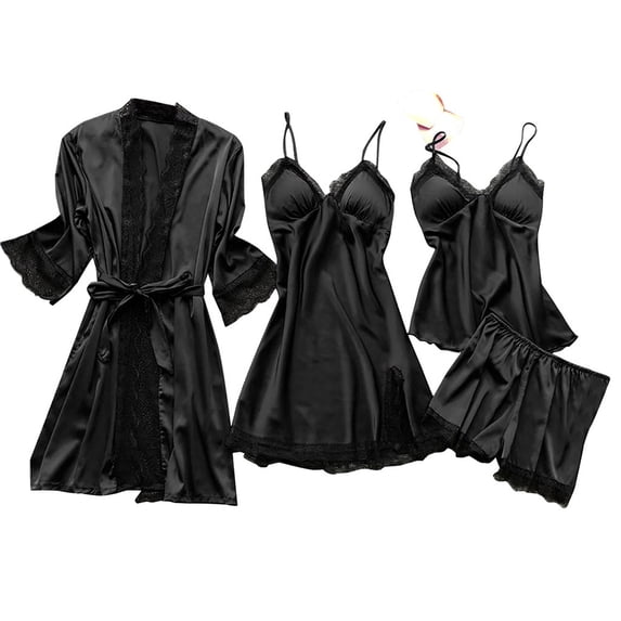 Ecqkame Womens Pajamas Set Soft 4Pcs Cami Padded Top Shorts Nightgown Sleepwear Robe Sets Cute Pjs for Women Black XXXL