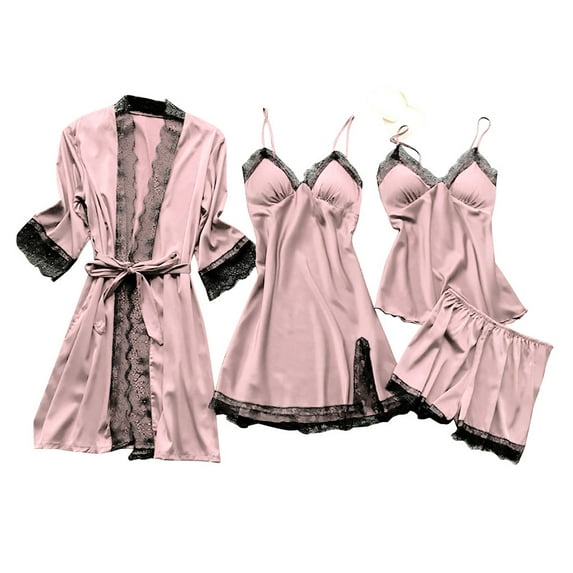 Summer Savings Clearance! Ecqkame Womens Pajamas Set Soft 4Pcs Cami Padded Top Shorts Nightgown Sleepwear Robe Sets Cute Pjs for Women Pink S