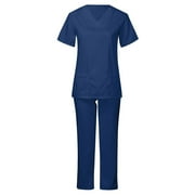 Summer Savings Clearance! Ecqkame Womens Scrub Set Short Sleeve V-Neck Stretch Workwear Soft Solid Stretch Medical Uniform Dark Blue S