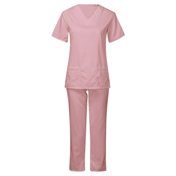 Ecqkame Womens Scrub Set Short Sleeve V-Neck Stretch Workwear Soft Solid Stretch Medical Uniform Pink S