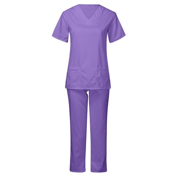 Ecqkame Womens Scrub Set Short Sleeve V-Neck Stretch Workwear Soft Solid Stretch Medical Uniform Purple XXL