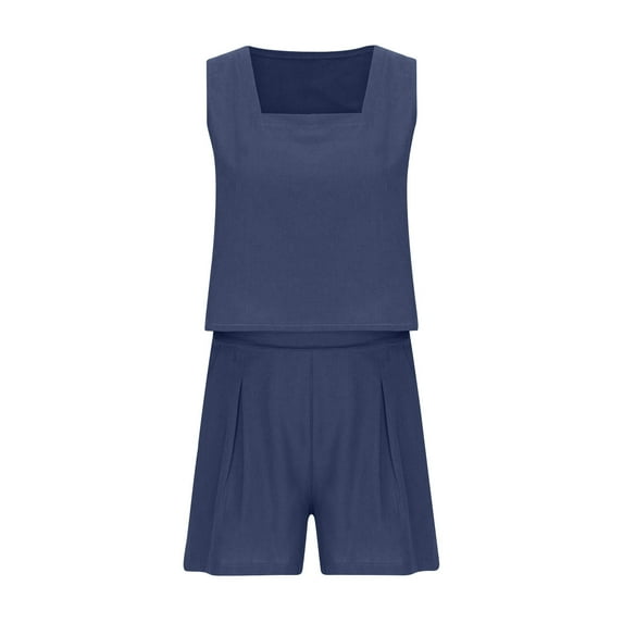 Summer Savings Clearance! Ecqkame Womens Summer Outfits Linen Summer Casual Vacation Sets Solid Sleeveless Crop Tops with Short Navy M