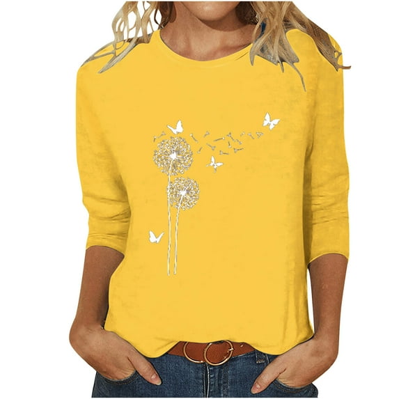 Ecqkame Womens Summer Tops Loose Casual Fashion Printed 3/4 Sleeve Round Neck Blouse Tops Womens Tops Yellow XXL