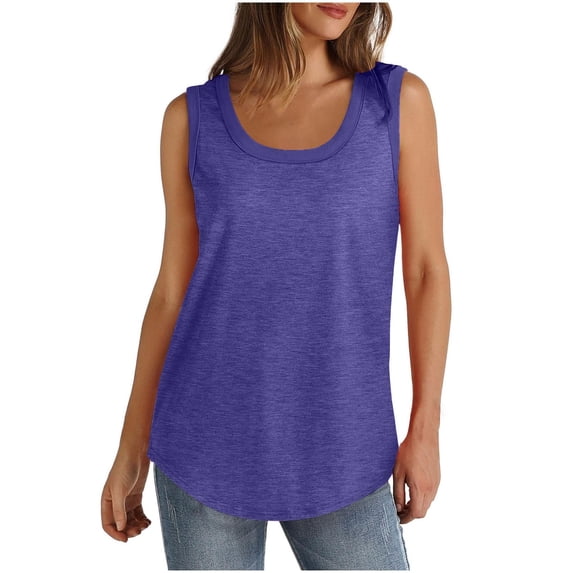 Summer Savings Clearance! Ecqkame Womens Summer Tops Solid Color Round Neck Sleeveless Loose Casual Flowy Tank Tops Workout Tops for Women Purple M