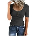thumbnail image 1 of Summer Savings Clearance! Ecqkame Womens Summer Tops Solid Color Short Sleeve Round Neck Button Stretch Loose Casual T-Shirt Top Womens Tops Black L, 1 of 4