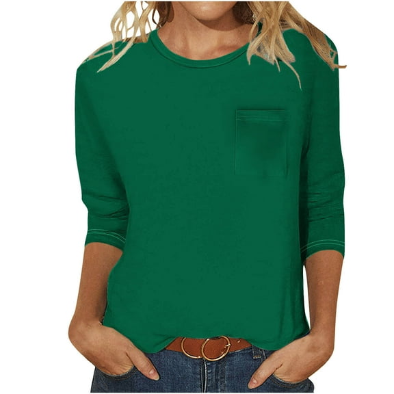 Ecqkame Womens Tops 3/4 Sleeve Loose Casual Solid Color Round Neck Breathable Comfy Summer Tops for Women 2024 Green B M