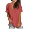 thumbnail image 1 of Ecqkame Womens Tops Fashion Solid Color V-Neck Short Sleeve Loose Casua Breathable T-Shirt Womens T Shirts Red XXXL, 1 of 7