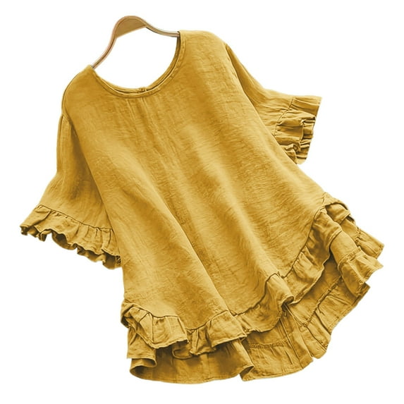 Ecqkame Womens Tops Summer Solid Color Casual Loose 3/4 Sleeve Ruffled Round-Neck Blouse Workout Tops for Women Yellow B M