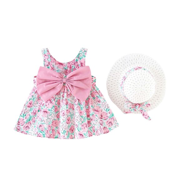 Summer Savings Clearance! Edvintorg 1-5 Years Dresses For Kids Girls Toddler Girls Dress Summer Holiday Style Backless Big Bow Flower Suspender Children's Skirt With Hat Birthday Gifts