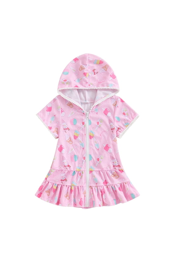1-8Years Bathing Suit Cover Up for Girls Vacation Kids Swimsuit Fashion Printed Short Sleeve Coverup Beach Bathing Suit Robe with Zipper Swimwear Children Girl