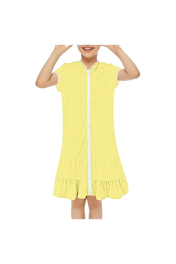 1-8Years Swim Cover Up for Girls Kids Swimsuit Solid Color Short Sleeve Coverup Beach Bathing Suit Robe with Zipper Children Swimwear