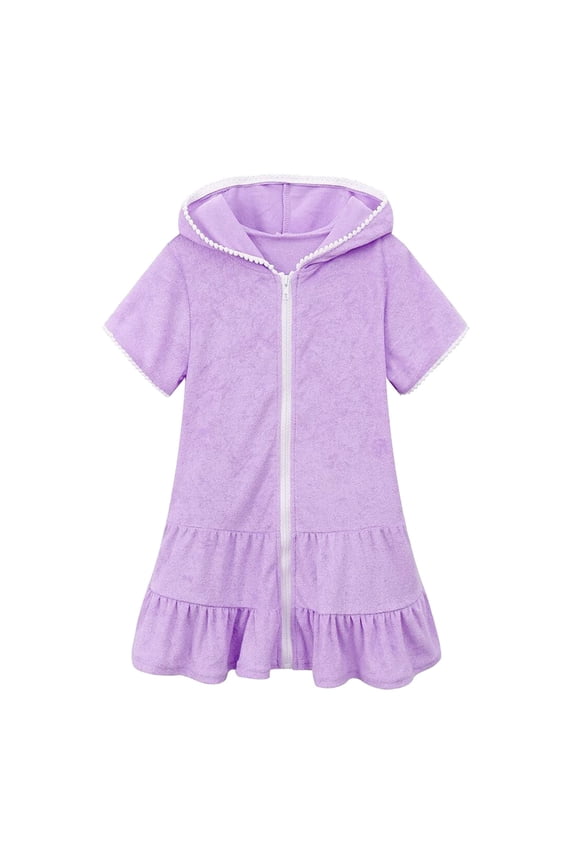 2-11Years Girls Bathing Suits Summer Cover Up Swimwear Girls Kids Coverup Zip-Up Beach Swimsuit Robe with Zipper