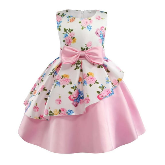 Edvintorg 2-8 Years Kids Dresses for Girls Floral Printed Irregular Hemline Princess Skirt Dress Bow Performance Suit Children's Girl Party Dress