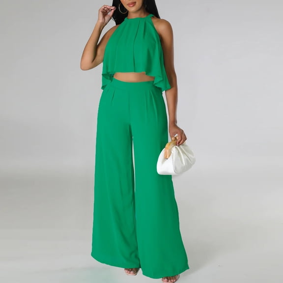 Edvintorg 2 Piece Chiffon Outfits for Women Sexy Sleeveless Crop Top High Waist Wide Leg Long Pants Sets Elegant Matching Sets for Women Summer Green M
