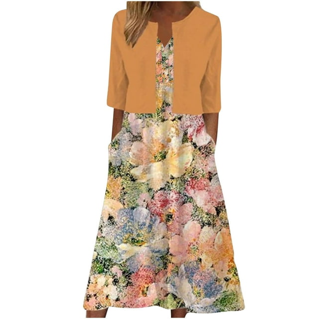 Summer Savings Clearance! Edvintorg 2 Piece Dress Sets for Women Vintage Printed V-Neck Elegant A Line Tank Dress And Half Sleeve Cardigan Tops Set Suit