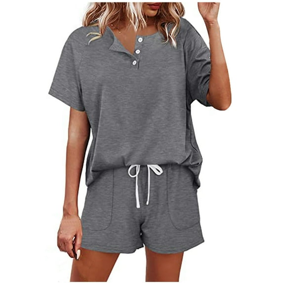 Summer Savings Clearance! Edvintorg 2 Piece Outfits For Women Lounge Sets Fashion Women Casual Solid Short Sleeve Button Tops Nightwear Shorts Sleepwear Sets Gray XXL