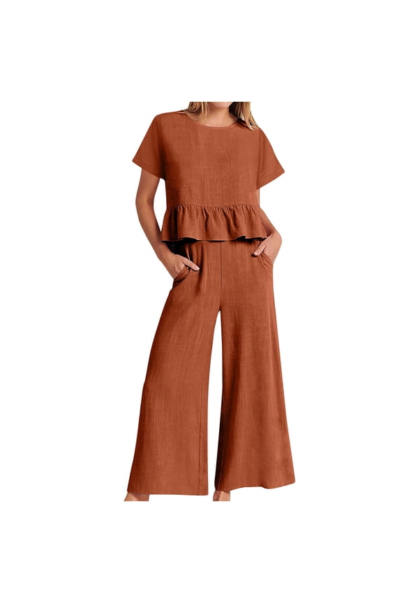 2 Piece Outfits for Women Plus Size Cotton and Linen Summer Suit Fashion Short Sleeve Solid Color Pants Sets Casual Two-Piece Suits Orange XL