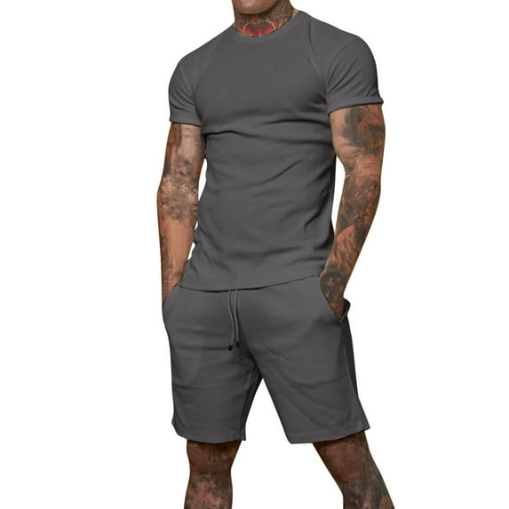 Edvintorg 2 Piece Set for Men Fashion Solid Color Casual Short Sleeve Shorts Sets Two-Piece Sports and Leisure Tracksuit Suit