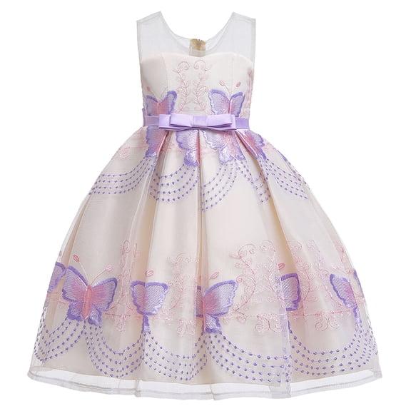 Edvintorg 3-8Years Kids Dresses for Girls Fashion Solid Color Butterfly Embroidery Bowknot Birthday Party Flowers Gown Kids Dresses Princess Costumes for Girls