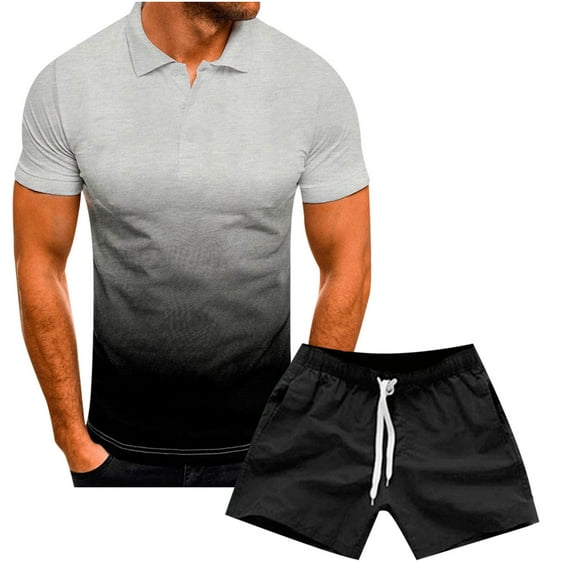 Summer Savings Clearance! Edvintorg 3D Gradient Lapel Half Button Men's T-Shirt Set Casual Sportswear Men's Oversized Clothing T-Shirt Shorts Suit Summer Beach