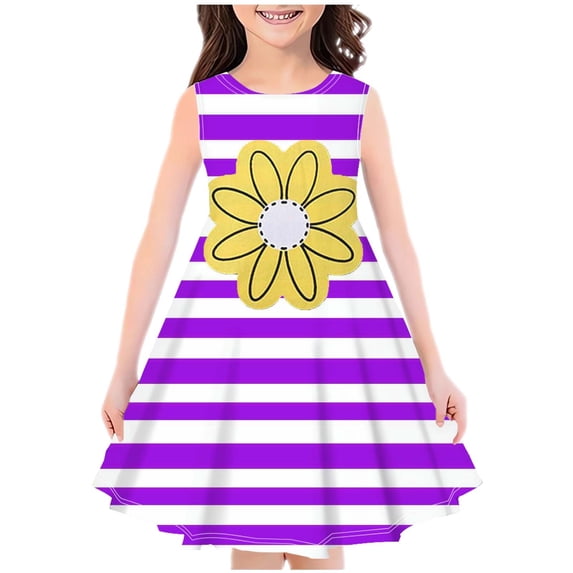 Edvintorg 4-14Years Dresses for Kids Girls Fashion Stripe Printing Round Neck Sleeveless Summer Dress Beach Dress for Kids Girls School Outfits Vestido