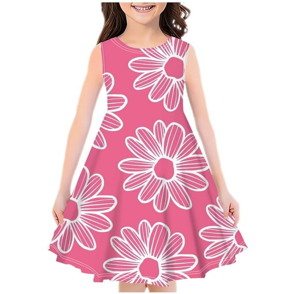Edvintorg 4-14Years Kids Dresses for Girls Fashion Flower Printing Round Neck Sleeveless Casual Summer Dress Holiday Beach Dresses for Kids Girls School Outfits Vestido